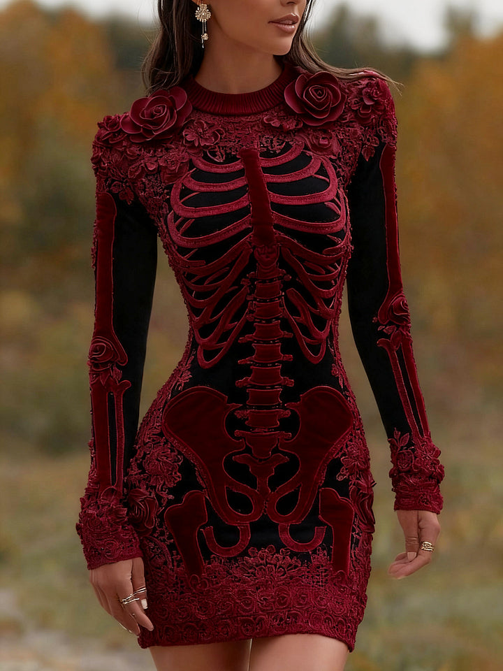 Women's Vintage Halloween Skeleton Bones With Rose Art Cozy Knit Mini Sweater Dress