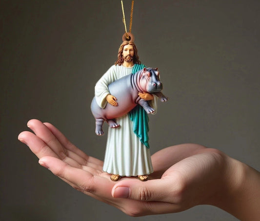 🙏✨ 2D Jesus & Hippo Hanging Decoration🚗 Perfect Gift of Humor, Love, and Faith 🌿