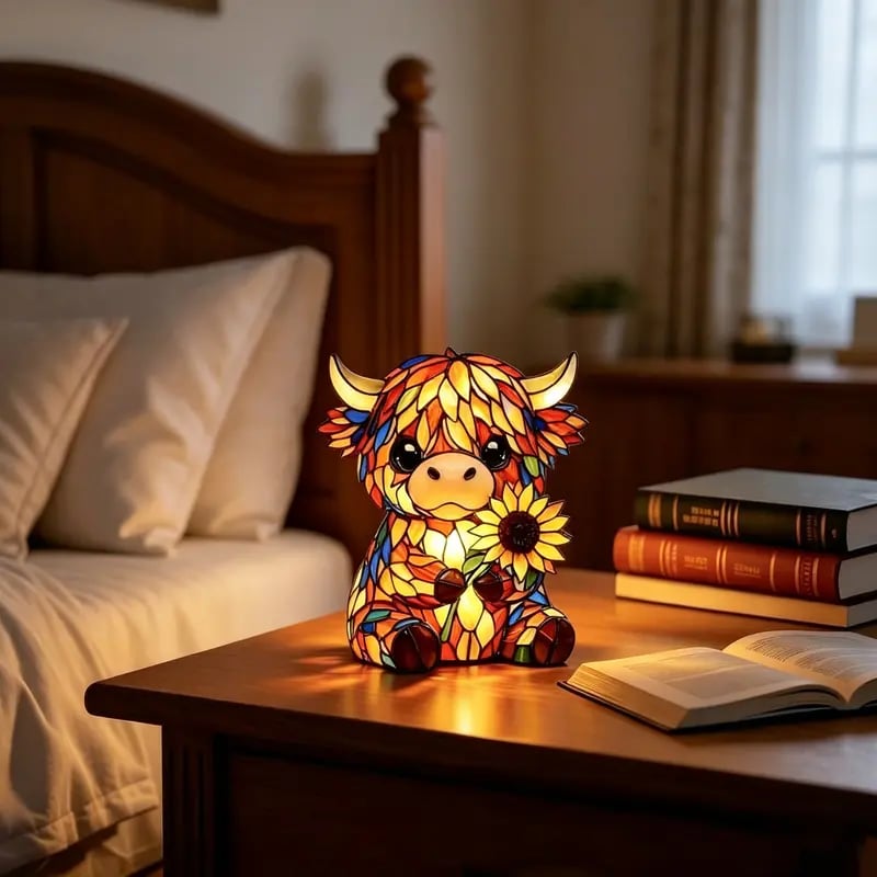 ✨ Creative LED Night Light in the Shape of a Highland Cow – Cartoon Animal Resin Figurine for the Home – Cute Decorative Lamp for Kids' Rooms and Living Rooms – Table & Bedside Lamp – USB-Powered